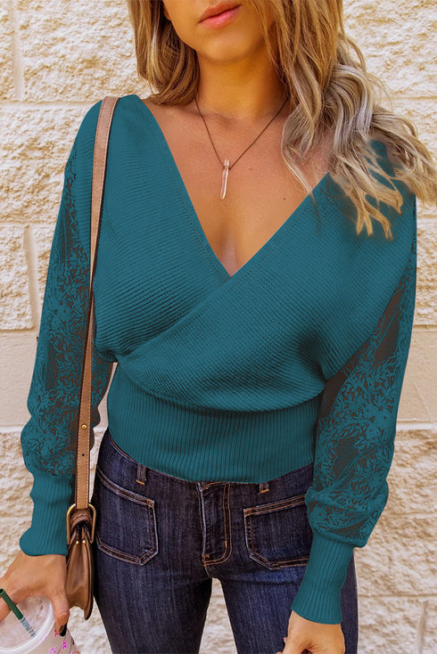 Sexy V Neck Surplice Hollow-Out Sweater With Lace Sleeves